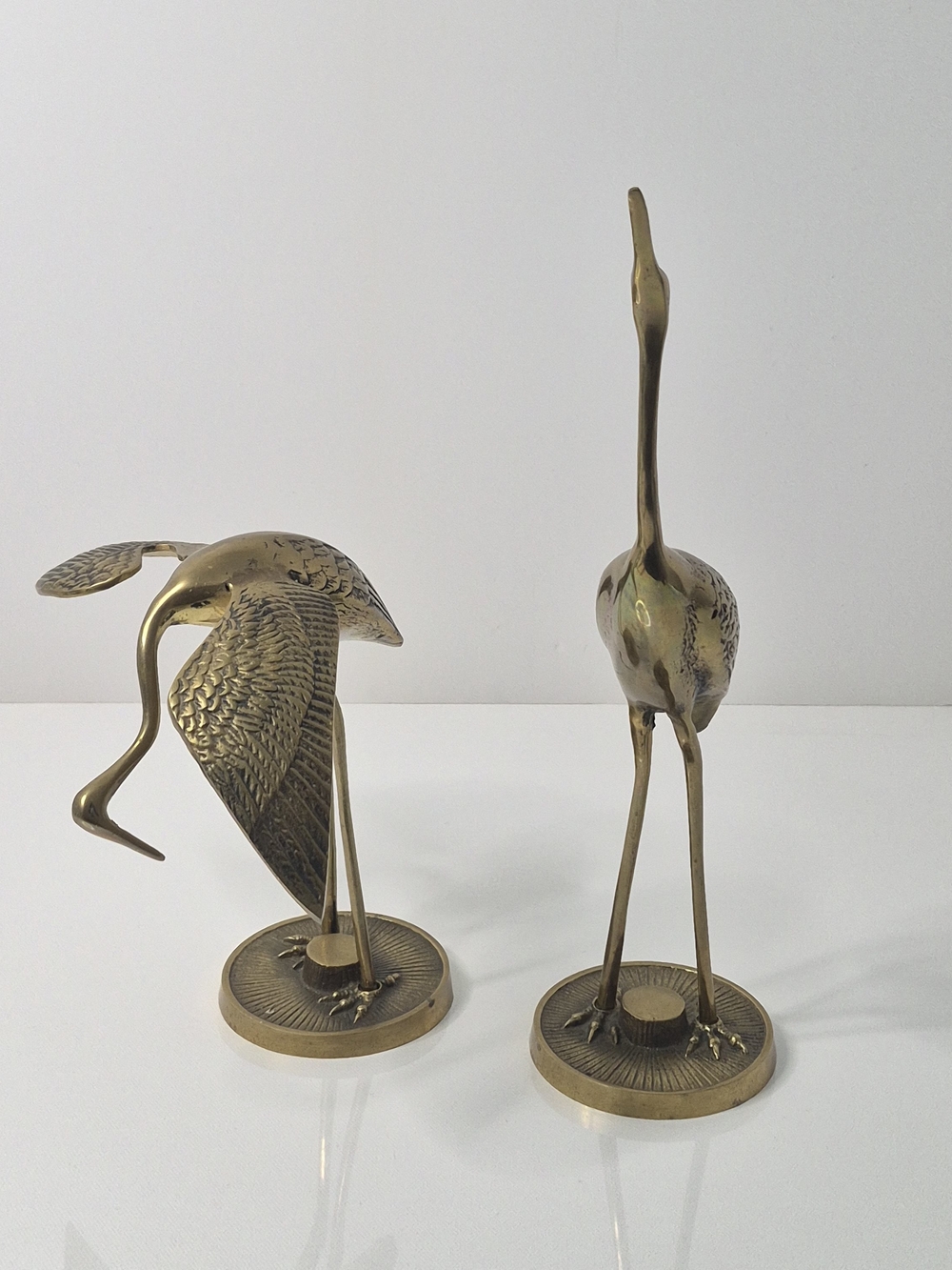 Vintage Brass Crane Heron Statues Sculptures Pair 11" Mid Century Modern Decor